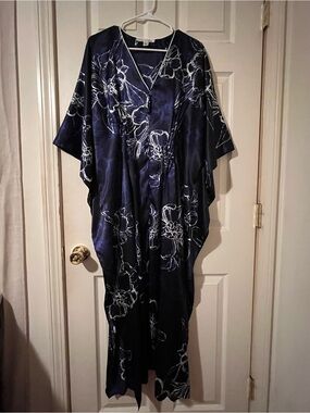 Oscar de la Renta Navy Floral Satin Caftan Kimono Lounge Robe S/M